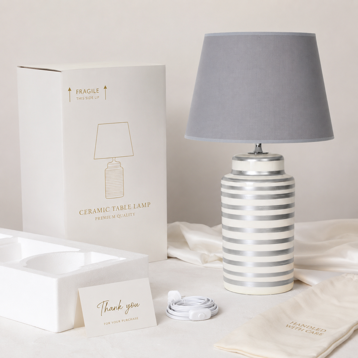 Silver Striped Ceramic Table Lamp with Grey Shade, Modern Bedside Lamp
