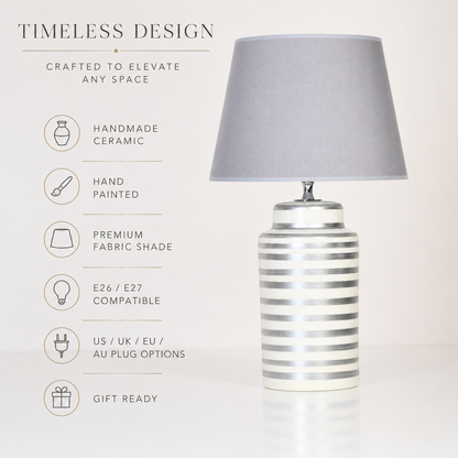 Silver Striped Ceramic Table Lamp with Grey Shade, Modern Bedside Lamp