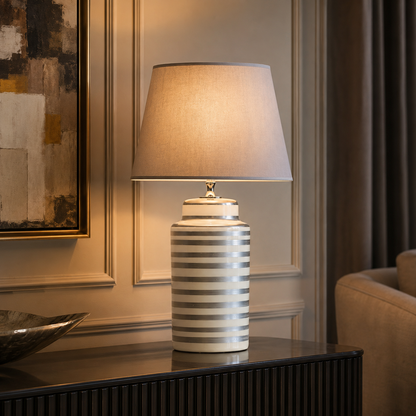 Silver Striped Ceramic Table Lamp with Grey Shade, Modern Bedside Lamp