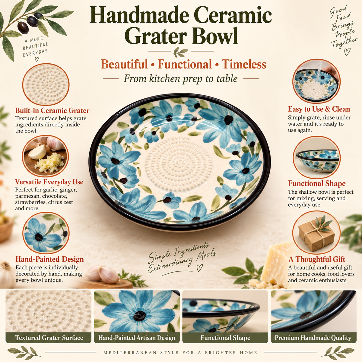 Ceramic Garlic Grater Plate, 7" Handmade & Hand-Painted for Garlic and Ginger