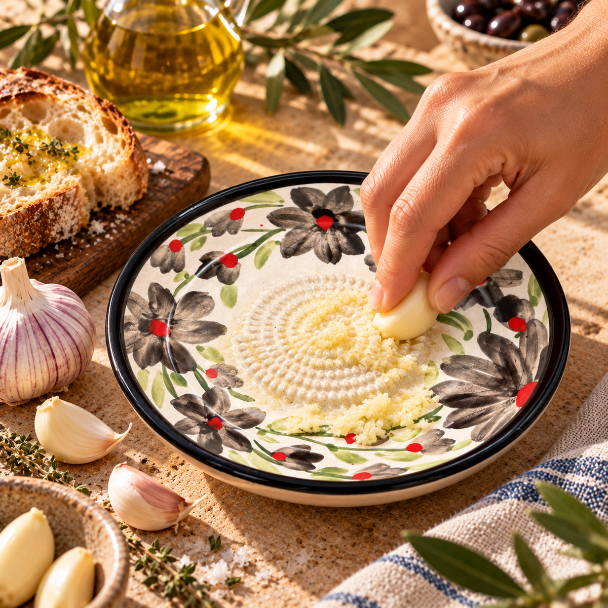 Ceramic Garlic Grater Plate, 7" Handmade & Hand-Painted for Garlic and Ginger