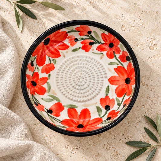 Poppy Red hand-painted ceramic grater plate, 7 inch garlic and ginger grater