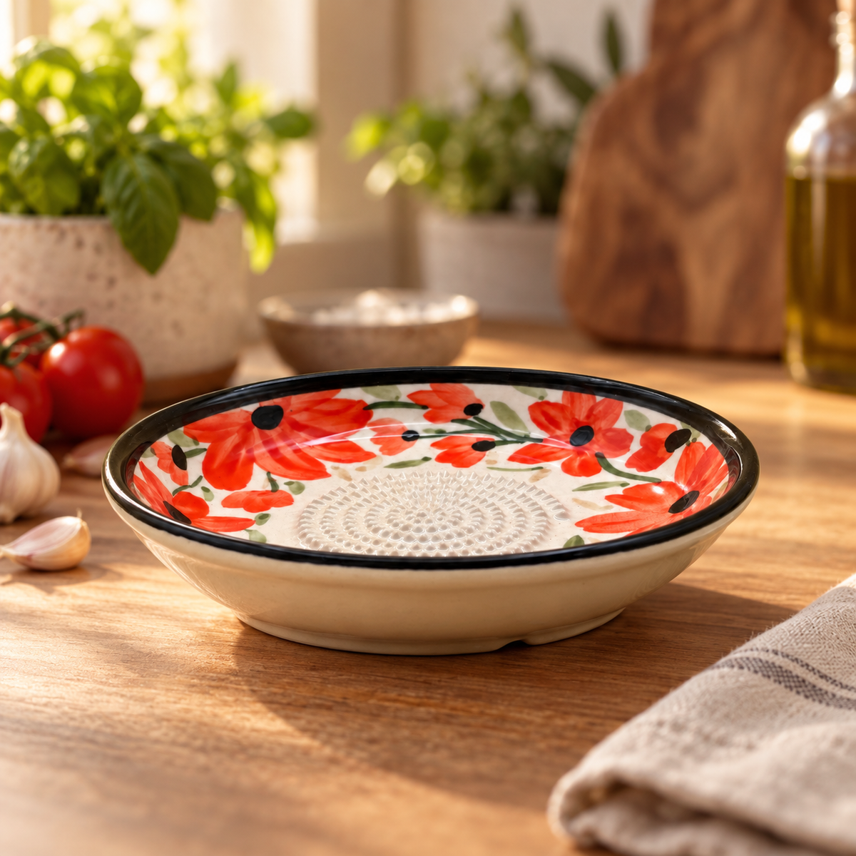 Ceramic Garlic Grater Plate, 7" Handmade & Hand-Painted for Garlic and Ginger