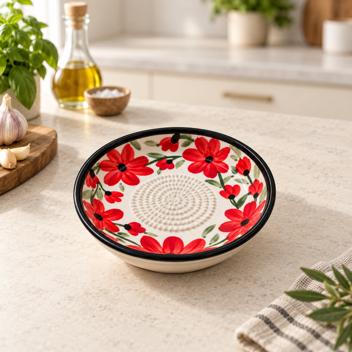 Ceramic Garlic Grater Plate, 7" Handmade & Hand-Painted for Garlic and Ginger