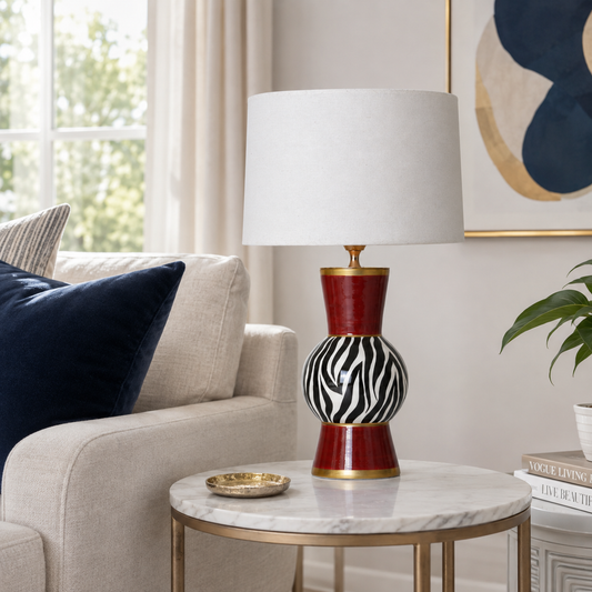 Zebra Print Ceramic Table Lamp, Red & Gold Base
