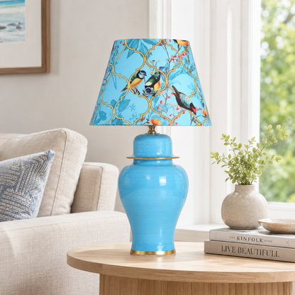 Turquoise Ginger Jar Table Lamp with Blossom Print Shade, Ceramic Bedside Lamp
