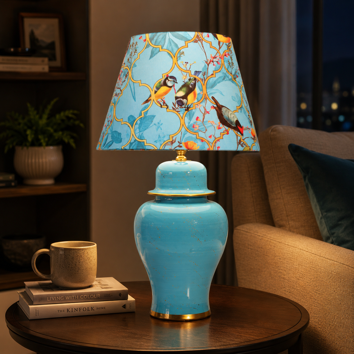 Turquoise Ginger Jar Table Lamp with Blossom Print Shade, Ceramic Bedside Lamp