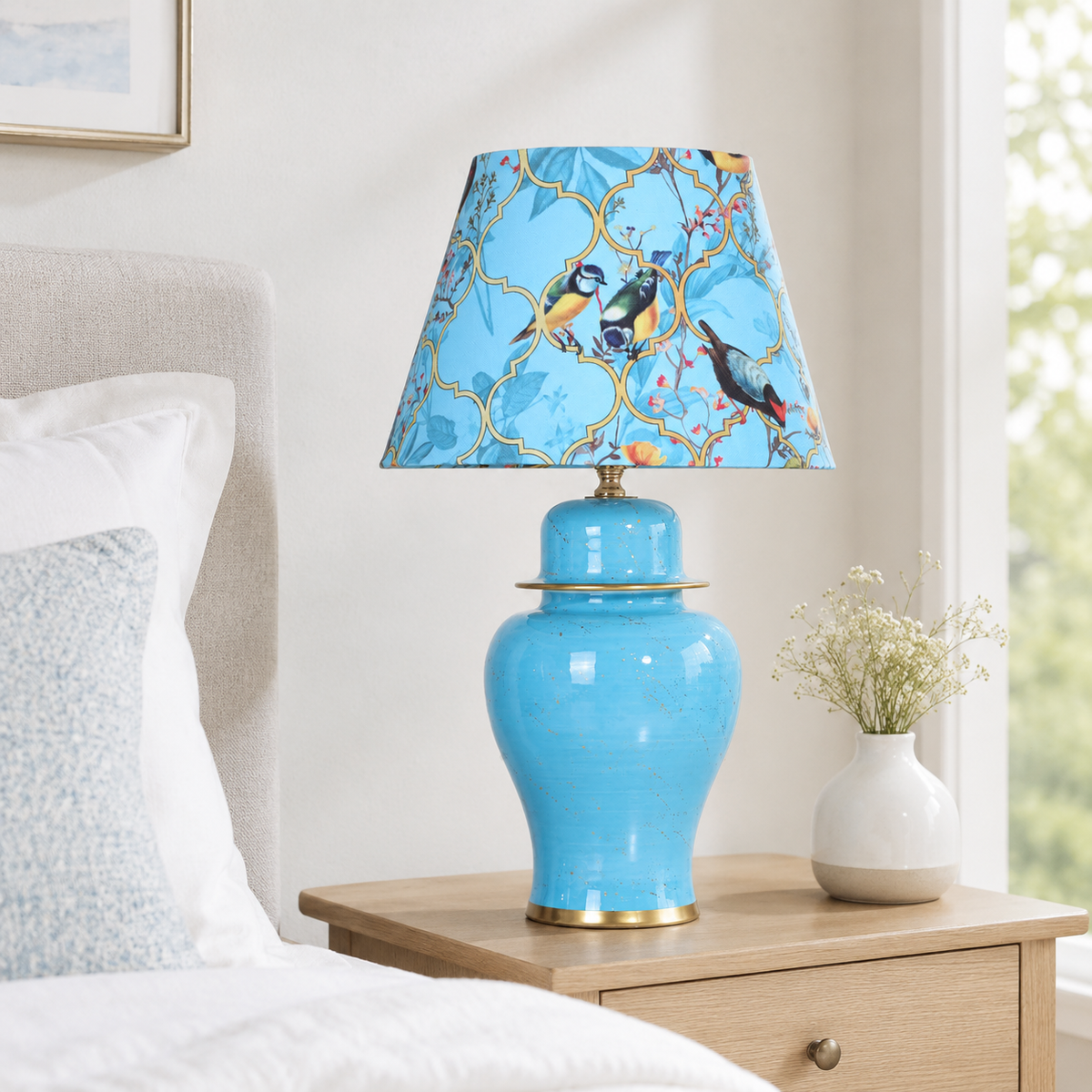 Turquoise Ginger Jar Table Lamp with Blossom Print Shade, Ceramic Bedside Lamp