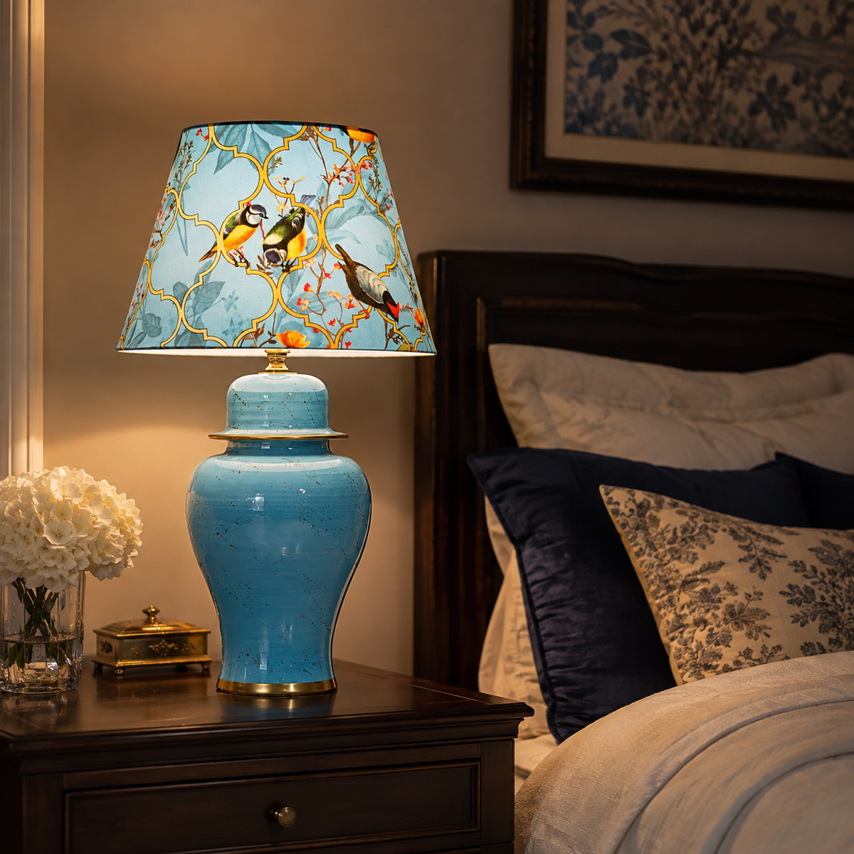 Turquoise Ginger Jar Table Lamp with Blossom Print Shade, Ceramic Bedside Lamp