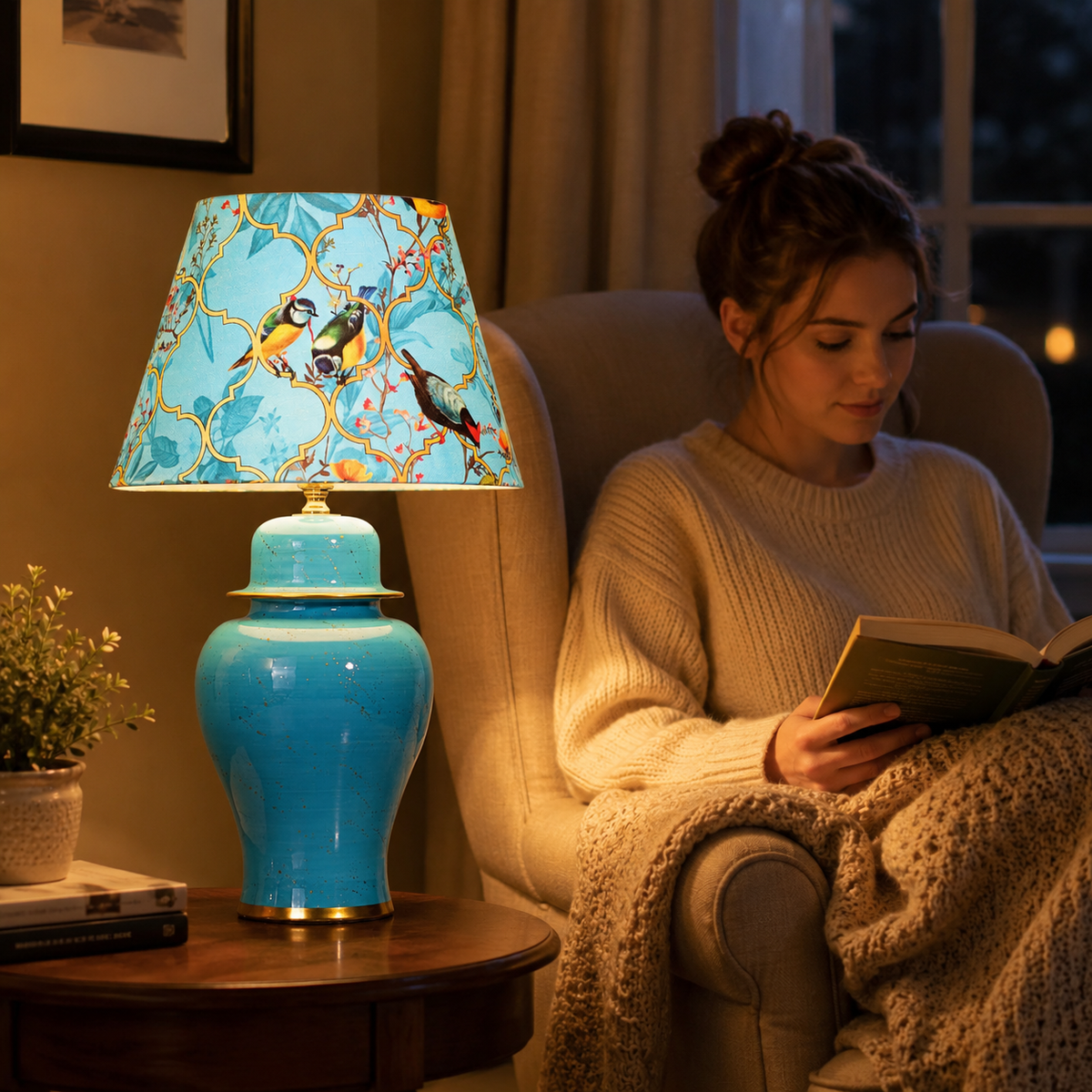 Turquoise Ginger Jar Table Lamp with Blossom Print Shade, Ceramic Bedside Lamp