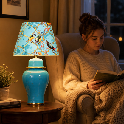 Turquoise Ginger Jar Table Lamp with Blossom Print Shade, Ceramic Bedside Lamp