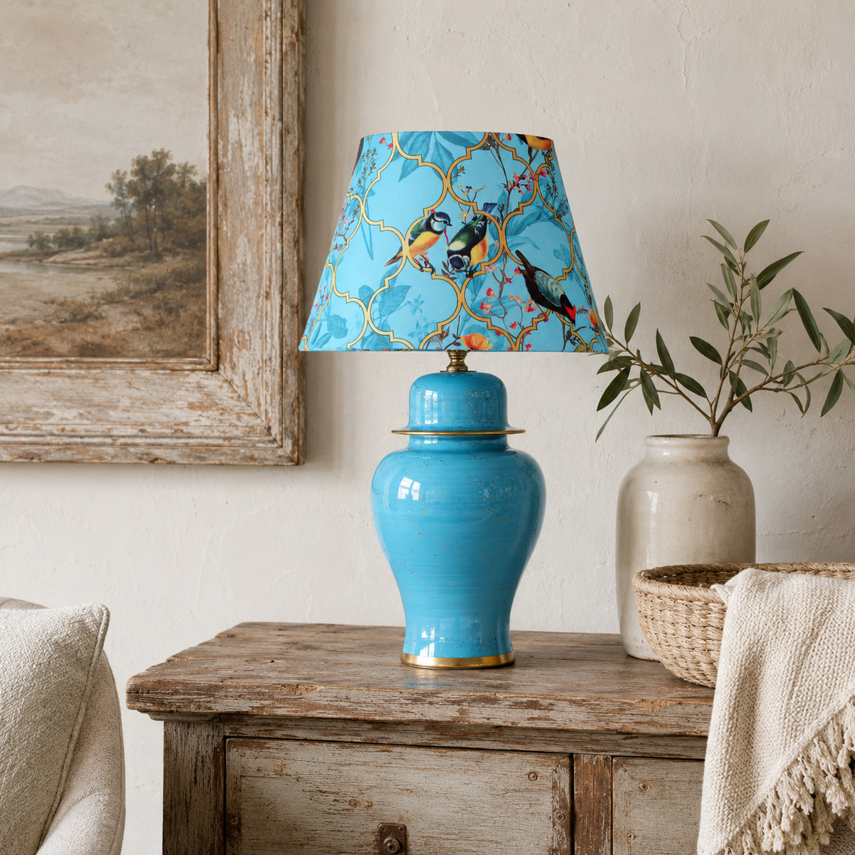 Turquoise Ginger Jar Table Lamp with Blossom Print Shade, Ceramic Bedside Lamp