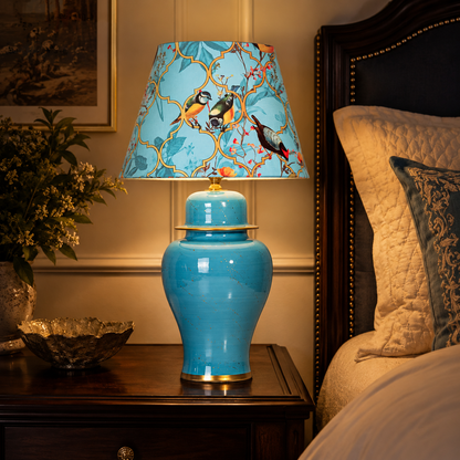 Turquoise Ginger Jar Table Lamp with Blossom Print Shade, Ceramic Bedside Lamp