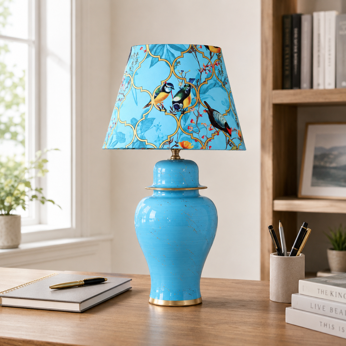 Turquoise Ginger Jar Table Lamp with Blossom Print Shade, Ceramic Bedside Lamp