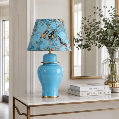 Turquoise Ginger Jar Table Lamp with Blossom Print Shade, Ceramic Bedside Lamp