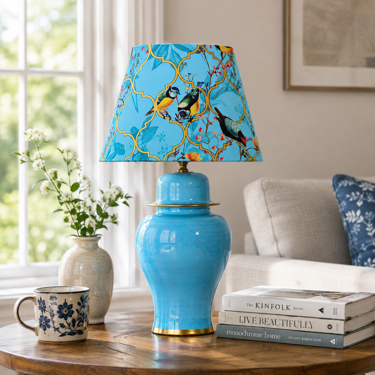 Turquoise Ginger Jar Table Lamp with Blossom Print Shade, Ceramic Bedside Lamp