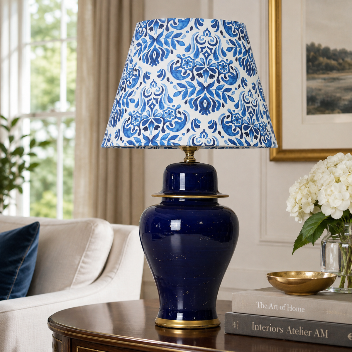 Navy Blue Ginger Jar Table Lamp with Patterned Shade, Glossy Ceramic Bedside Lamp
