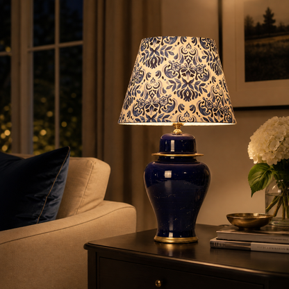 Navy Blue Ginger Jar Table Lamp with Patterned Shade, Glossy Ceramic Bedside Lamp