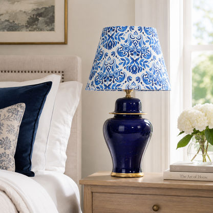 Navy Blue Ginger Jar Table Lamp with Patterned Shade, Glossy Ceramic Bedside Lamp