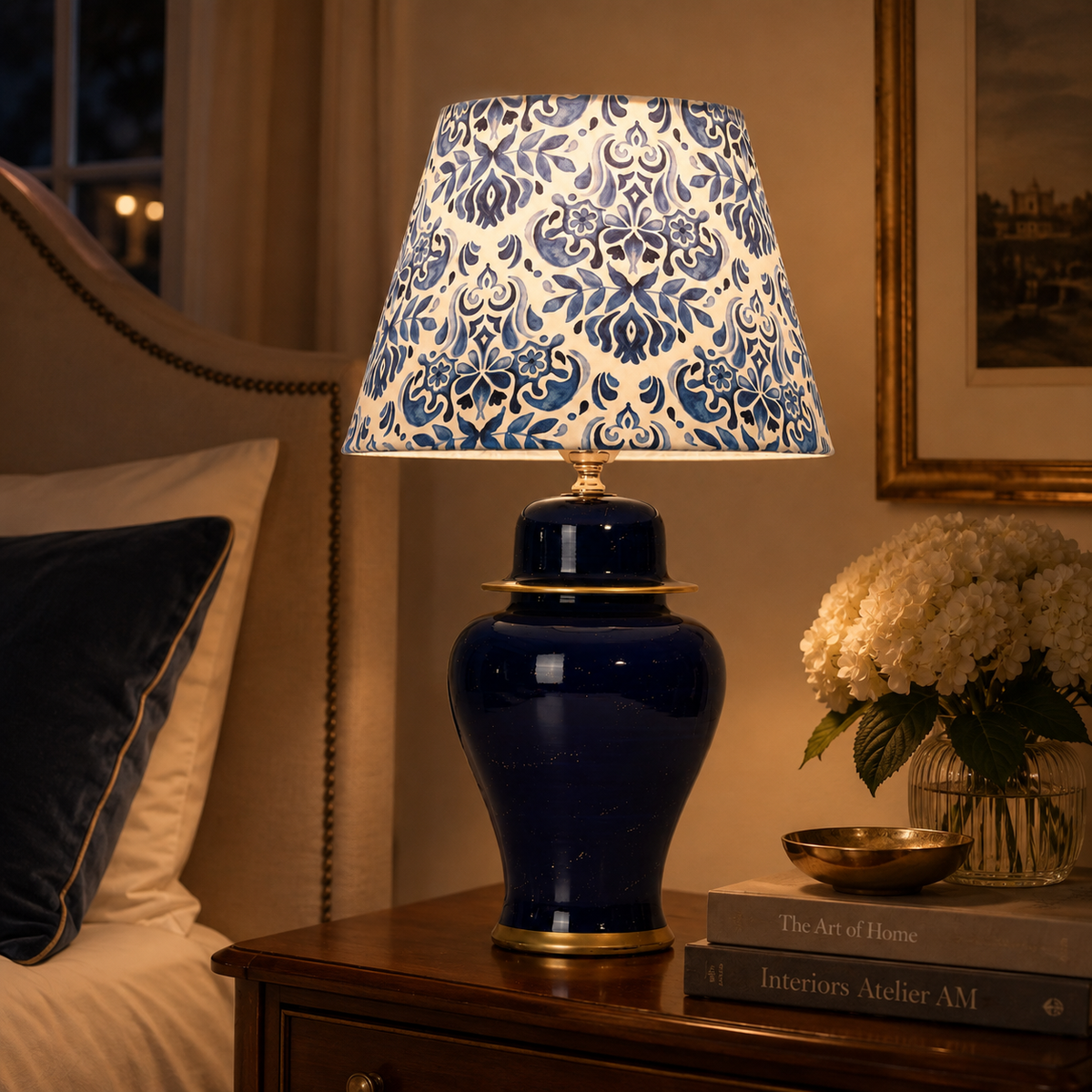 Navy Blue Ginger Jar Table Lamp with Patterned Shade, Glossy Ceramic Bedside Lamp