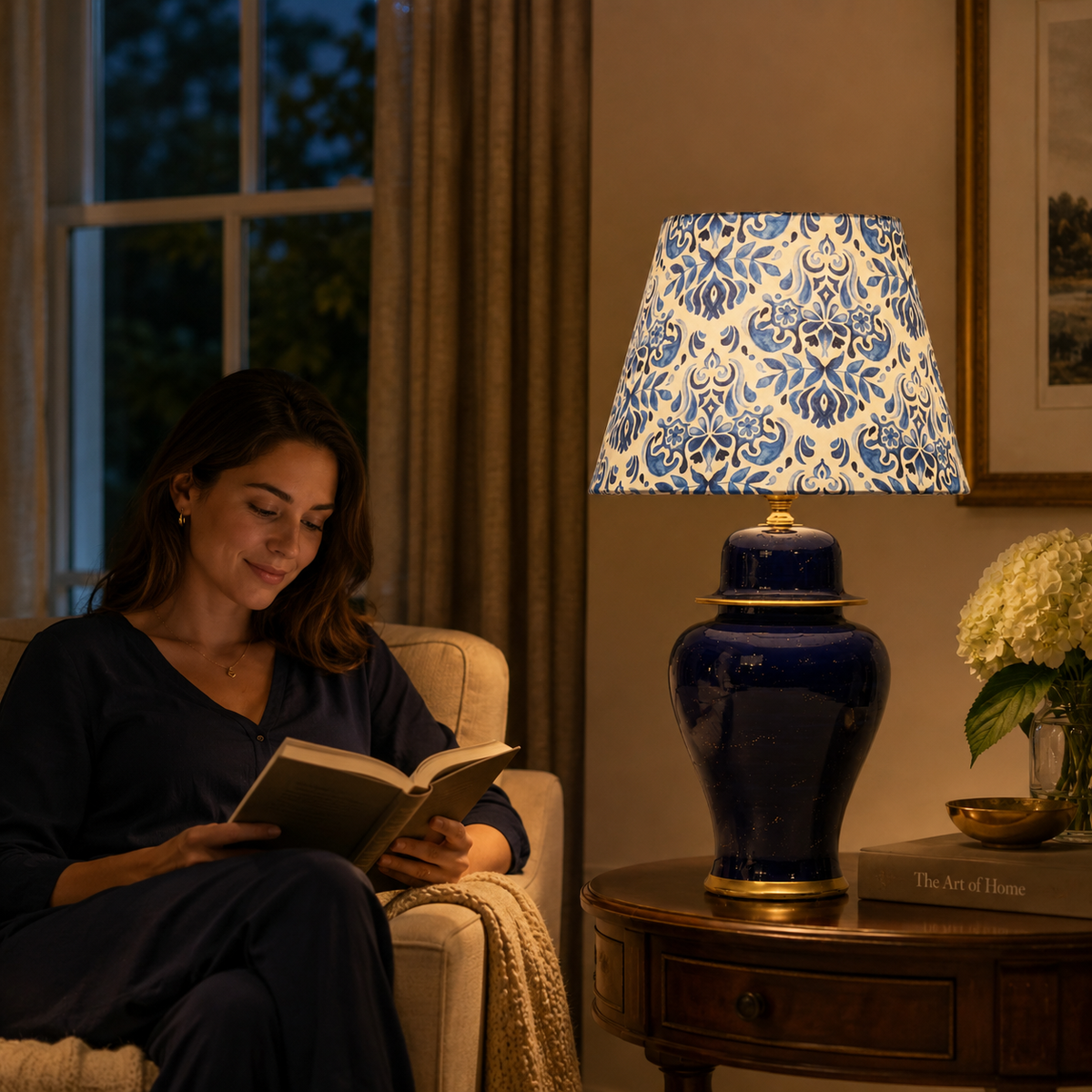 Navy Blue Ginger Jar Table Lamp with Patterned Shade, Glossy Ceramic Bedside Lamp