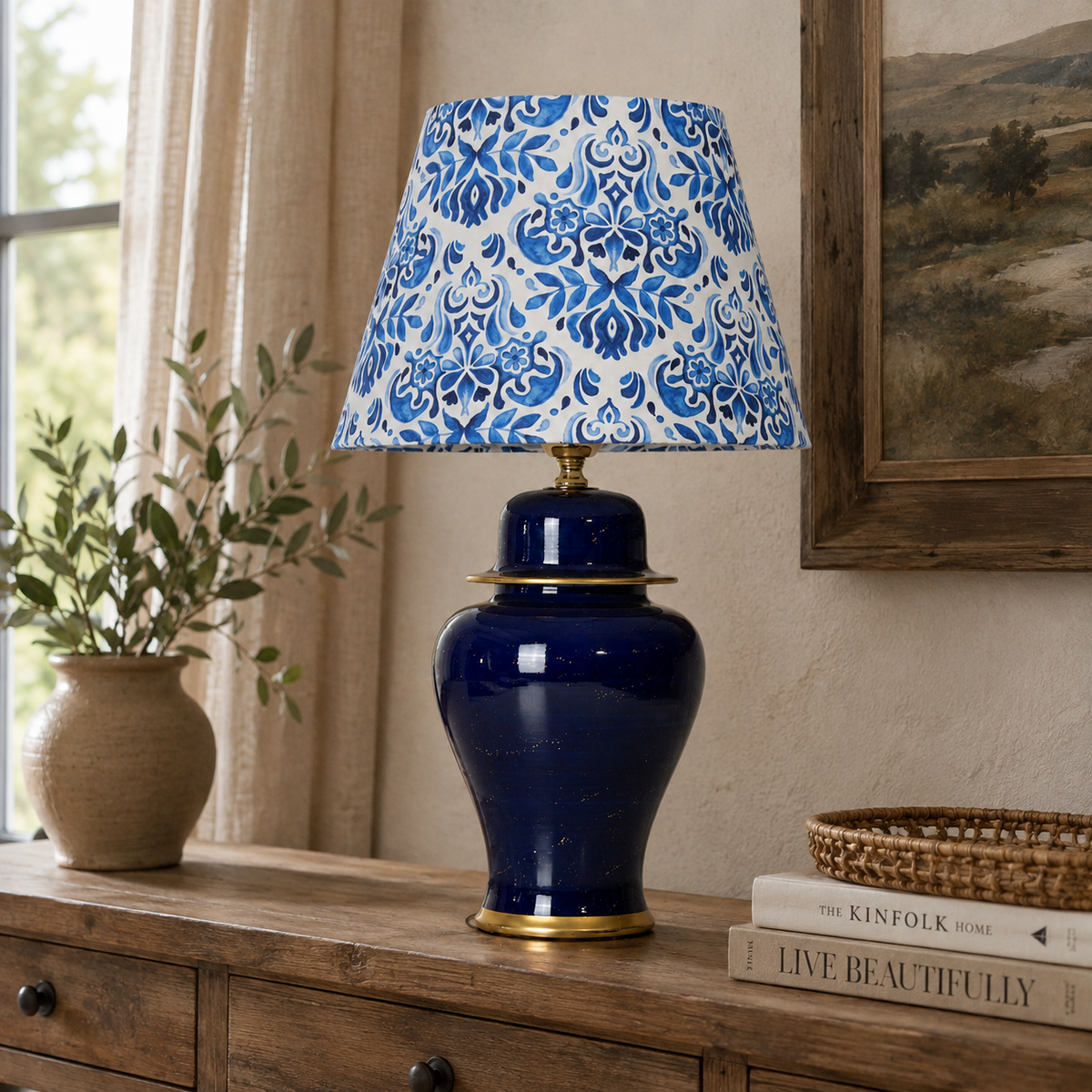 Navy Blue Ginger Jar Table Lamp with Patterned Shade, Glossy Ceramic Bedside Lamp