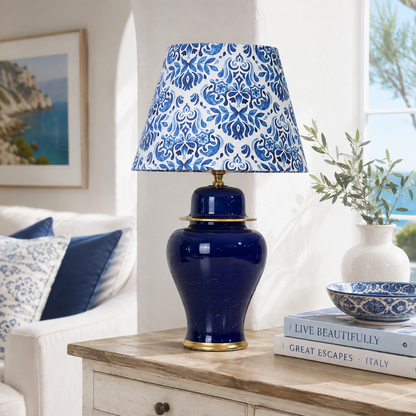 Navy Blue Ginger Jar Table Lamp with Patterned Shade, Glossy Ceramic Bedside Lamp