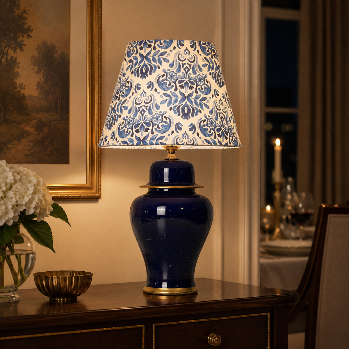 Navy Blue Ginger Jar Table Lamp with Patterned Shade, Glossy Ceramic Bedside Lamp