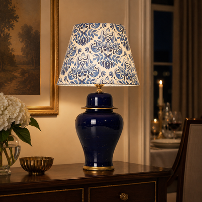 Navy Blue Ginger Jar Table Lamp with Patterned Shade, Glossy Ceramic Bedside Lamp