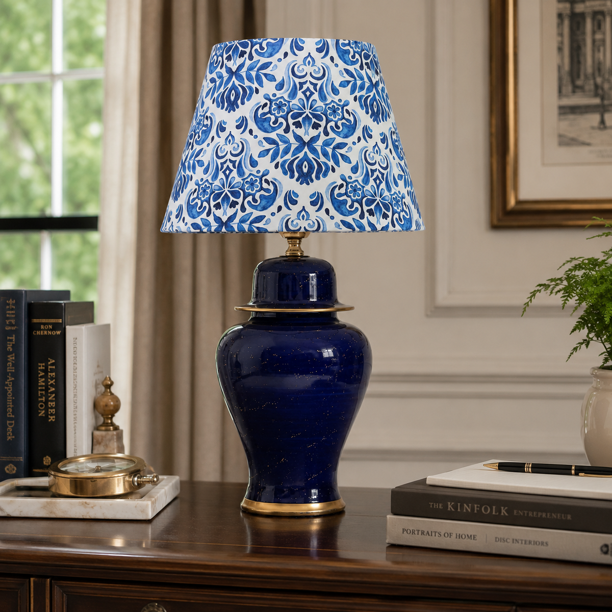 Navy Blue Ginger Jar Table Lamp with Patterned Shade, Glossy Ceramic Bedside Lamp