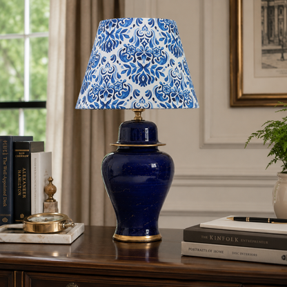 Navy Blue Ginger Jar Table Lamp with Patterned Shade, Glossy Ceramic Bedside Lamp