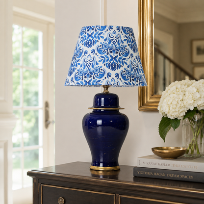 Navy Blue Ginger Jar Table Lamp with Patterned Shade, Glossy Ceramic Bedside Lamp