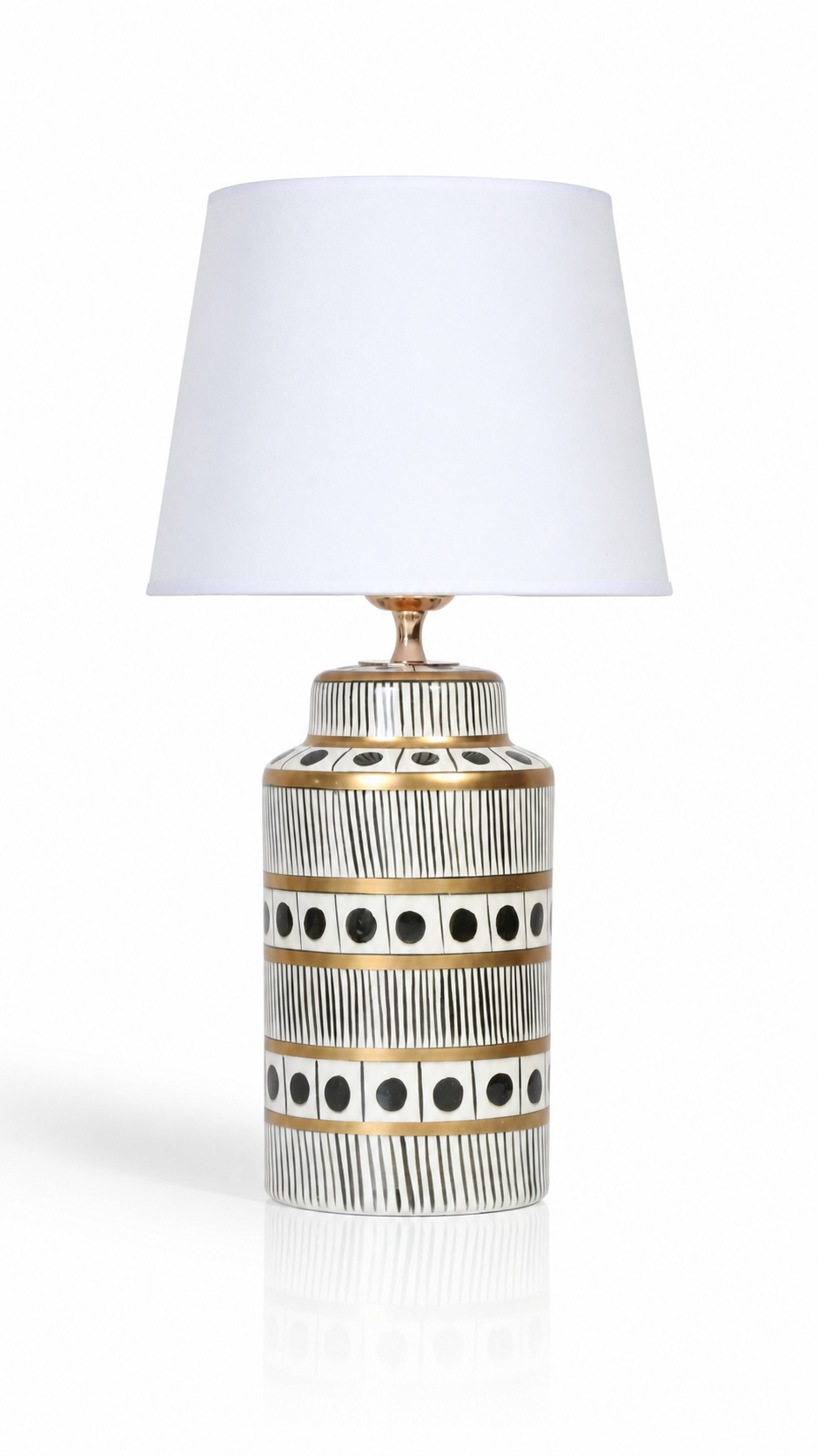 Black & White Ceramic Table Lamp with Gold Bands & Dots