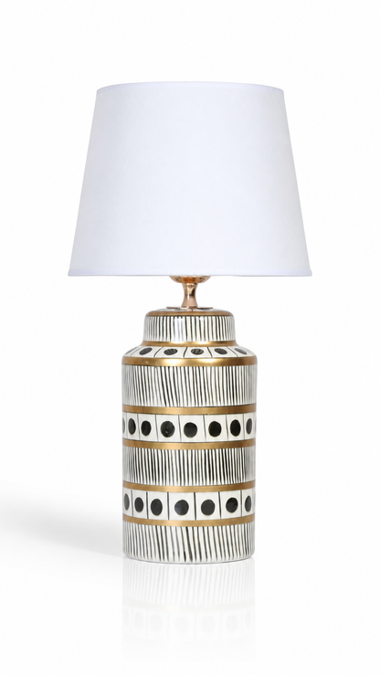 Black & White Ceramic Table Lamp with Gold Bands & Dots