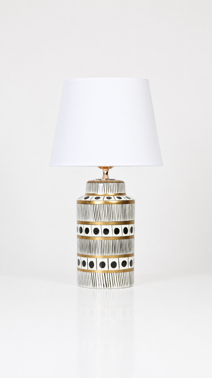 Black & White Ceramic Table Lamp with Gold Bands & Dots