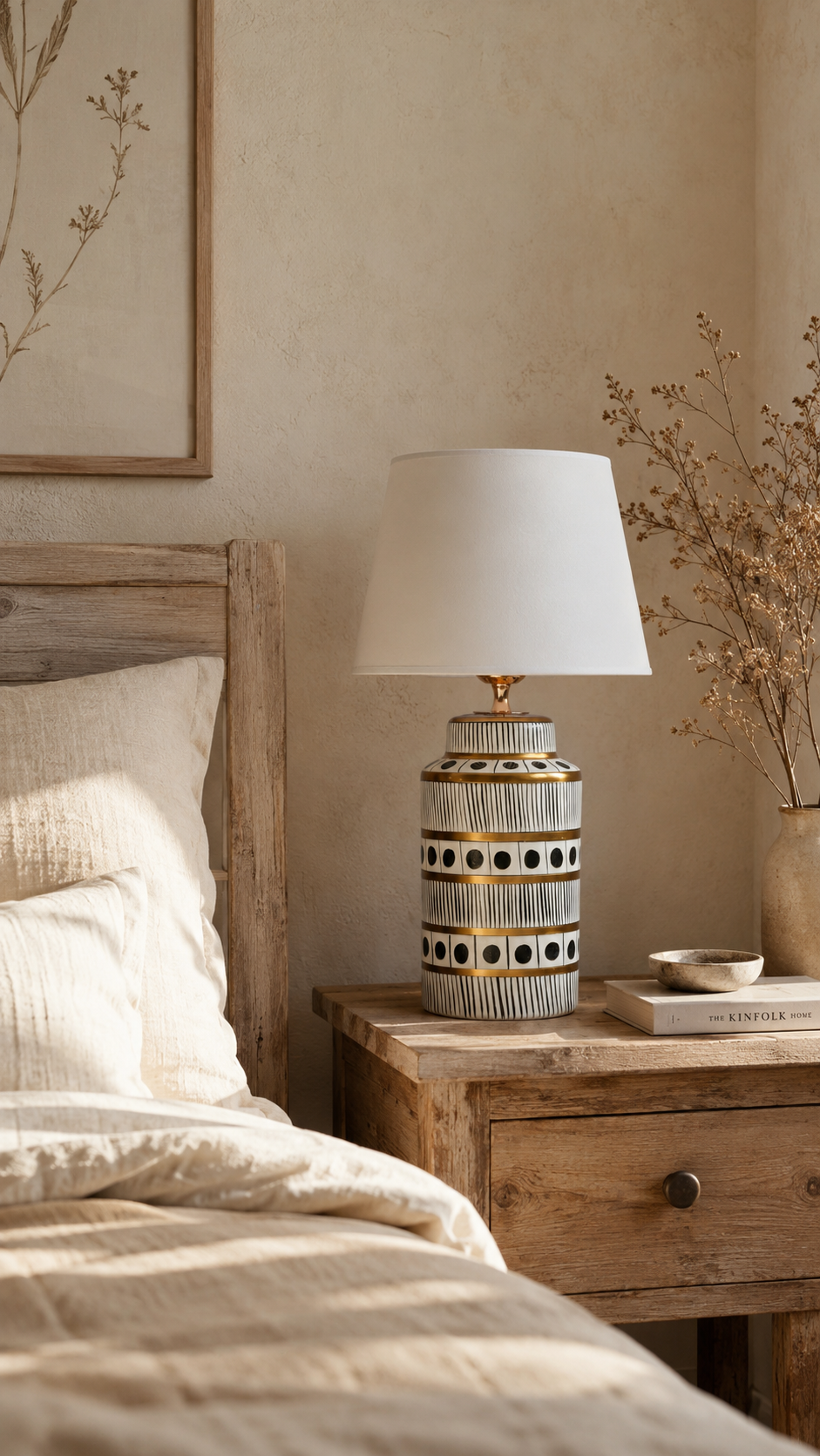 Black & White Ceramic Table Lamp with Gold Bands & Dots