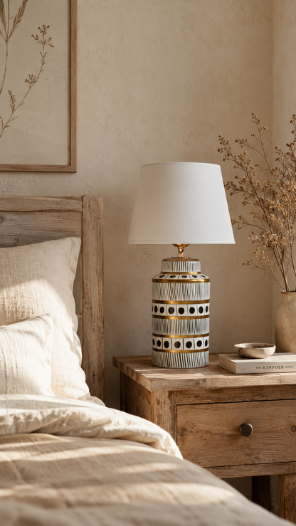 Black & White Ceramic Table Lamp with Gold Bands & Dots