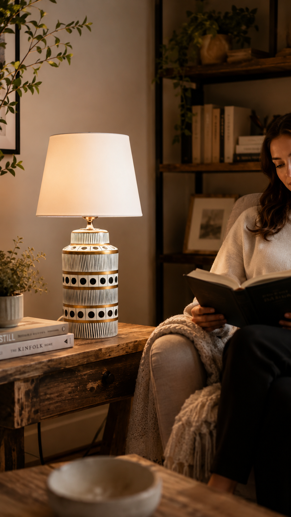 Black & White Ceramic Table Lamp with Gold Bands & Dots