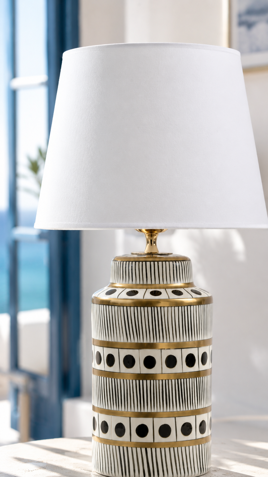 Black & White Ceramic Table Lamp with Gold Bands & Dots