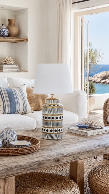 Black & White Ceramic Table Lamp with Gold Bands & Dots