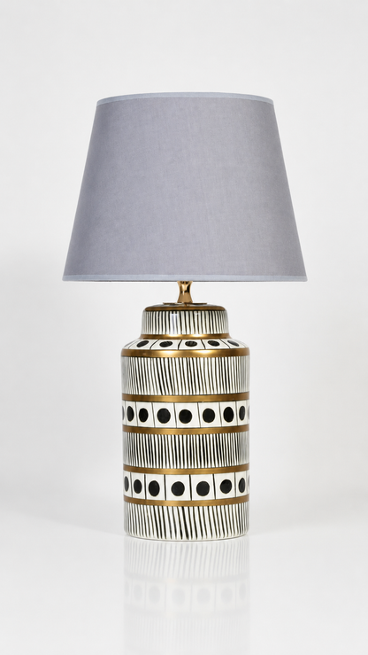 Black & White Ceramic Table Lamp with Gold Bands & Dots