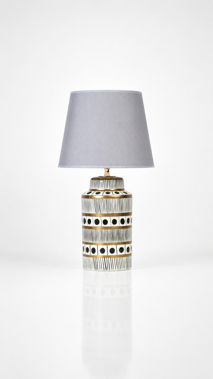 Black & White Ceramic Table Lamp with Gold Bands & Dots