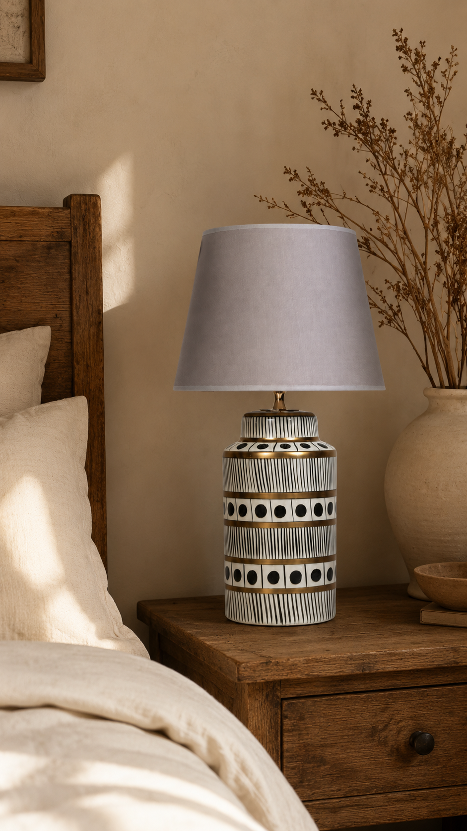 Black & White Ceramic Table Lamp with Gold Bands & Dots