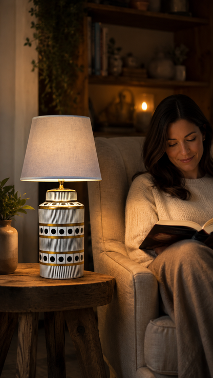 Black & White Ceramic Table Lamp with Gold Bands & Dots
