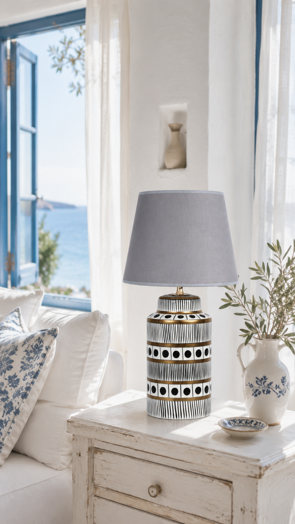 Black & White Ceramic Table Lamp with Gold Bands & Dots