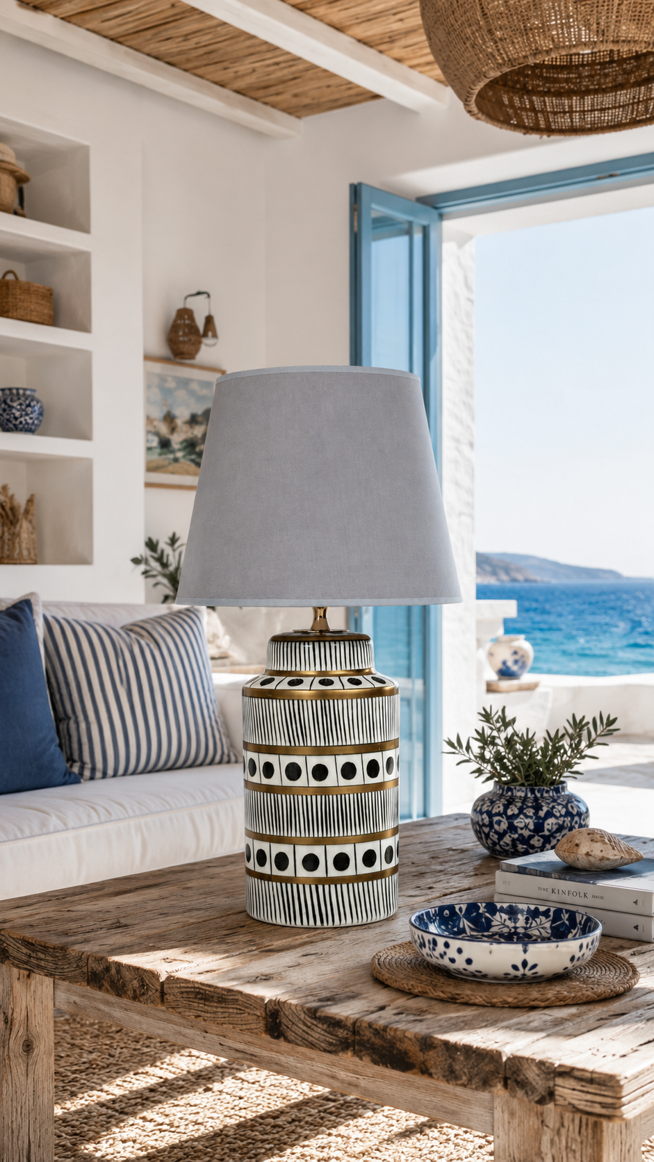 Black & White Ceramic Table Lamp with Gold Bands & Dots