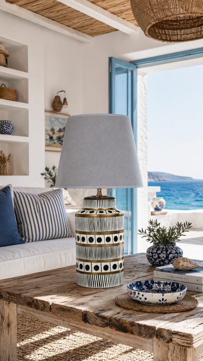 Black & White Ceramic Table Lamp with Gold Bands & Dots