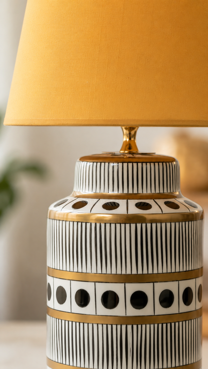 Black & White Ceramic Table Lamp with Gold Bands & Dots