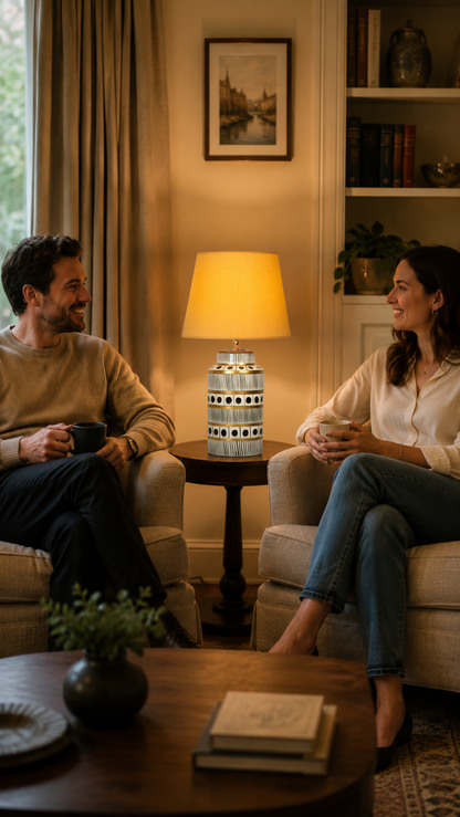 Black & White Ceramic Table Lamp with Gold Bands & Dots