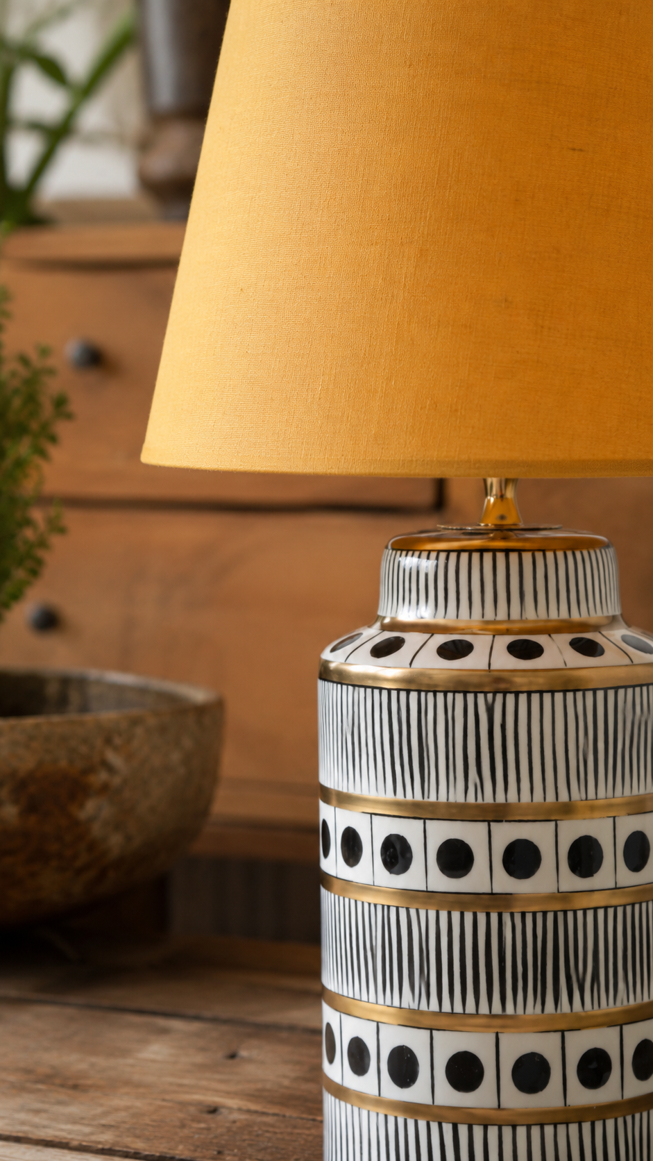 Black & White Ceramic Table Lamp with Gold Bands & Dots